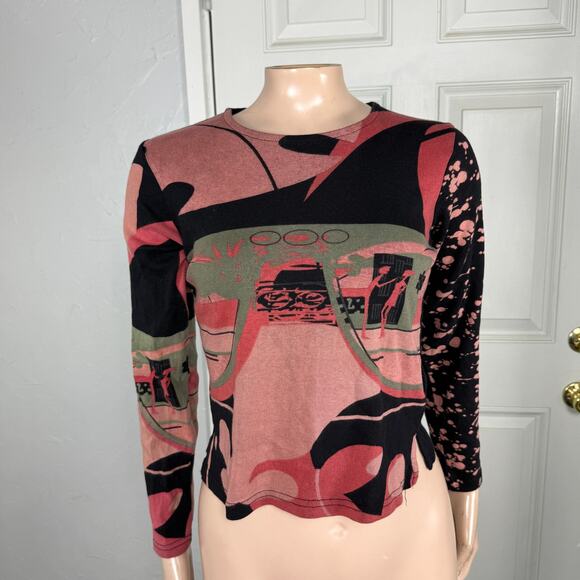 Vintage y2K Top M Shirt Knit Louise FD Long sleeve Cotton Dyed Print Baby Z3-26 - Picture 1 of 7